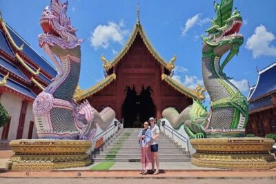 Chiang Mai Sticky Waterfall Dantewada and Banden Temple Tour - Wat Ban Den: blue tones, Lanna details, and zodiac stupas
